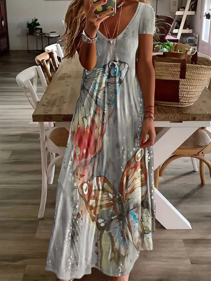 Vestido Casual con Escote en V y Estampado de Mariposas