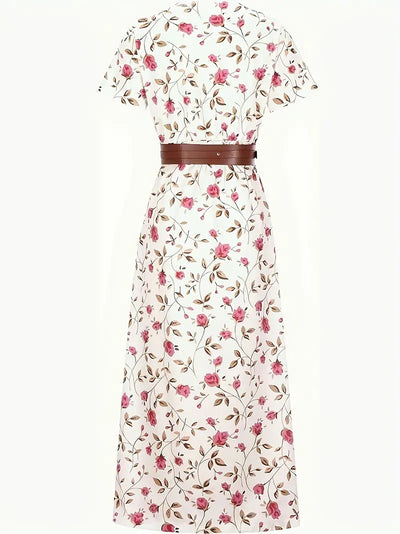 Vestido Maxi Floral Elegante con Cuello en V - Estilo Chic de Verano con Cinturón