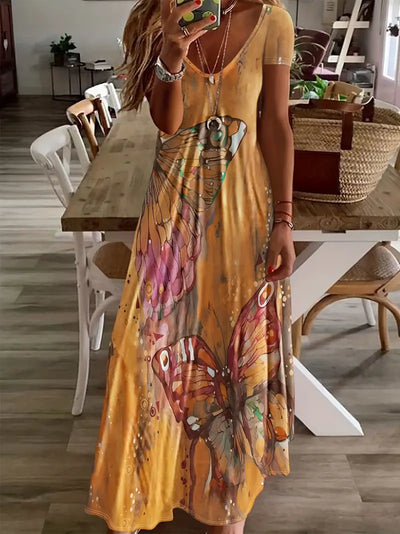 Vestido Casual con Escote en V y Estampado de Mariposas