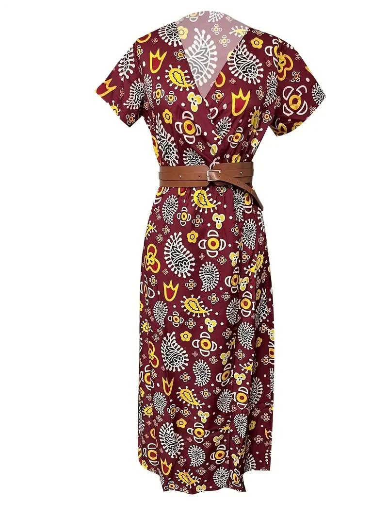 Vestido Maxi Floral Elegante con Cuello en V - Estilo Chic de Verano con Cinturón