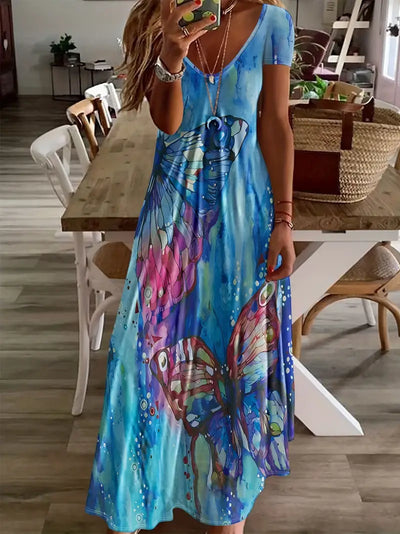 Vestido Casual con Escote en V y Estampado de Mariposas