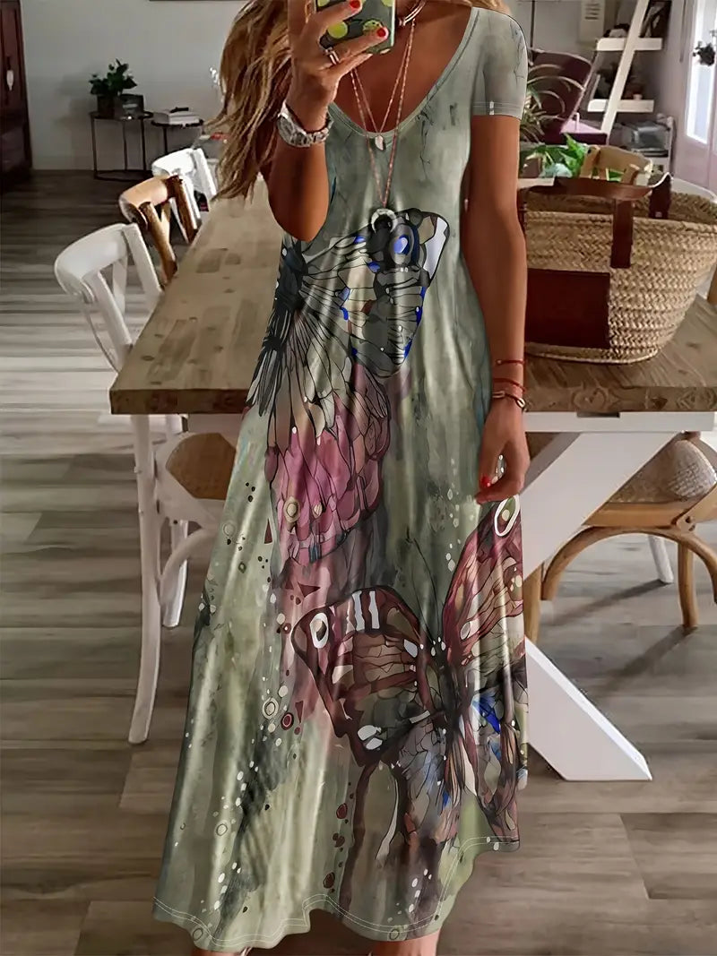 Vestido Casual con Escote en V y Estampado de Mariposas