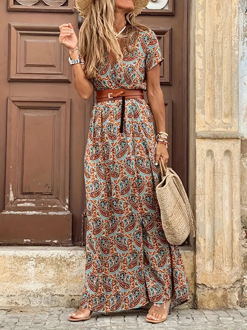 Vestido Maxi Floral Elegante con Cuello en V - Estilo Chic de Verano con Cinturón