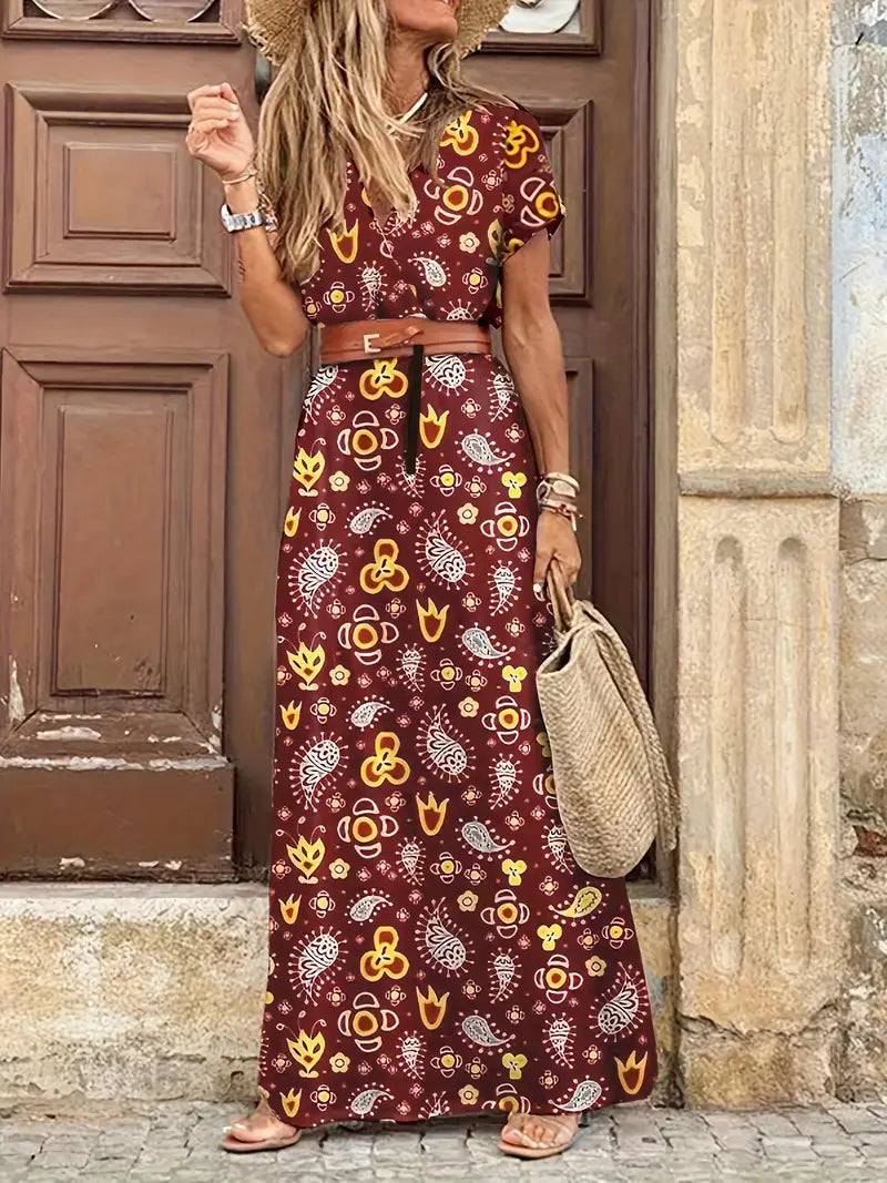 Vestido Maxi Floral Elegante con Cuello en V - Estilo Chic de Verano con Cinturón