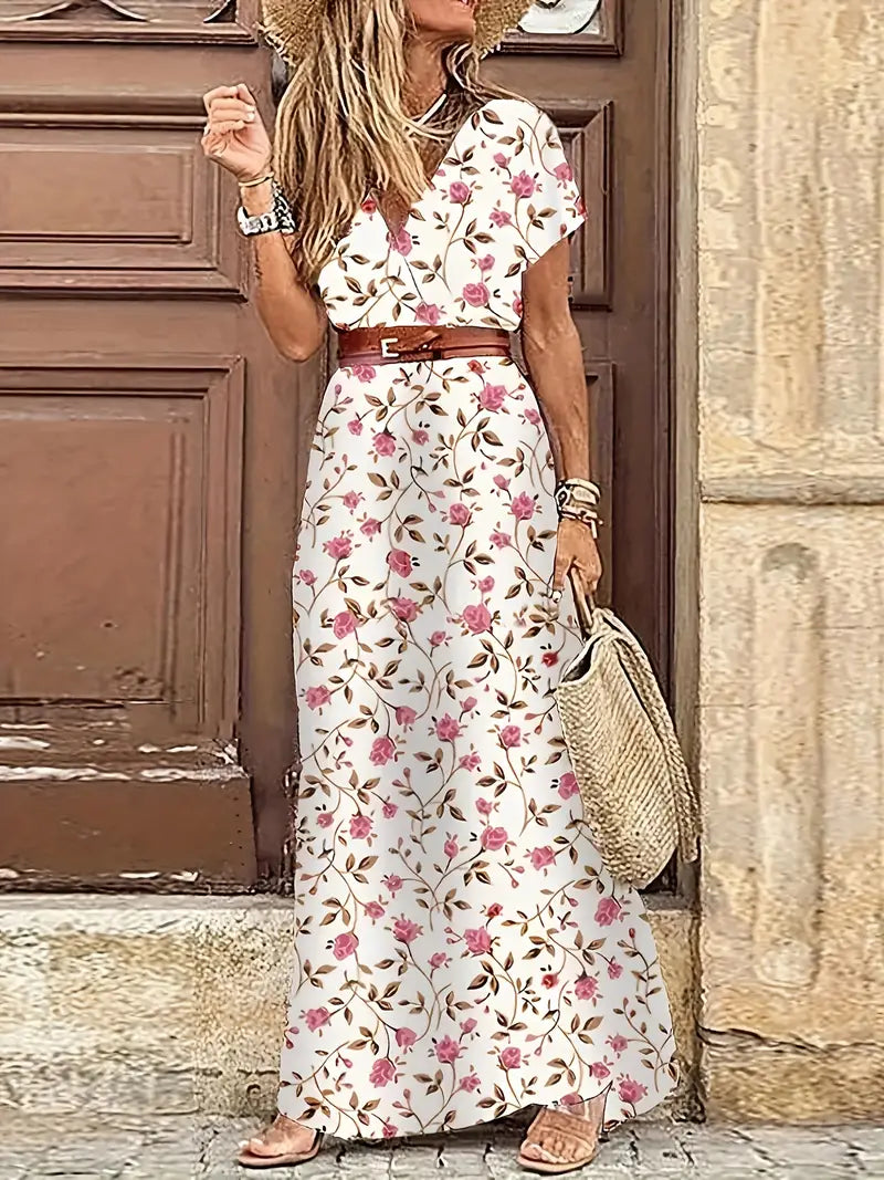 Vestido Maxi Floral Elegante con Cuello en V - Estilo Chic de Verano con Cinturón