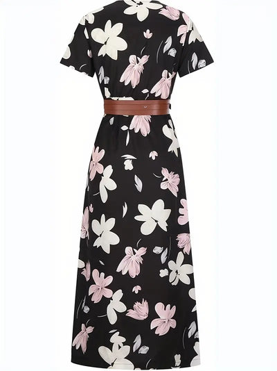 Vestido Maxi Floral Elegante con Cuello en V - Estilo Chic de Verano con Cinturón