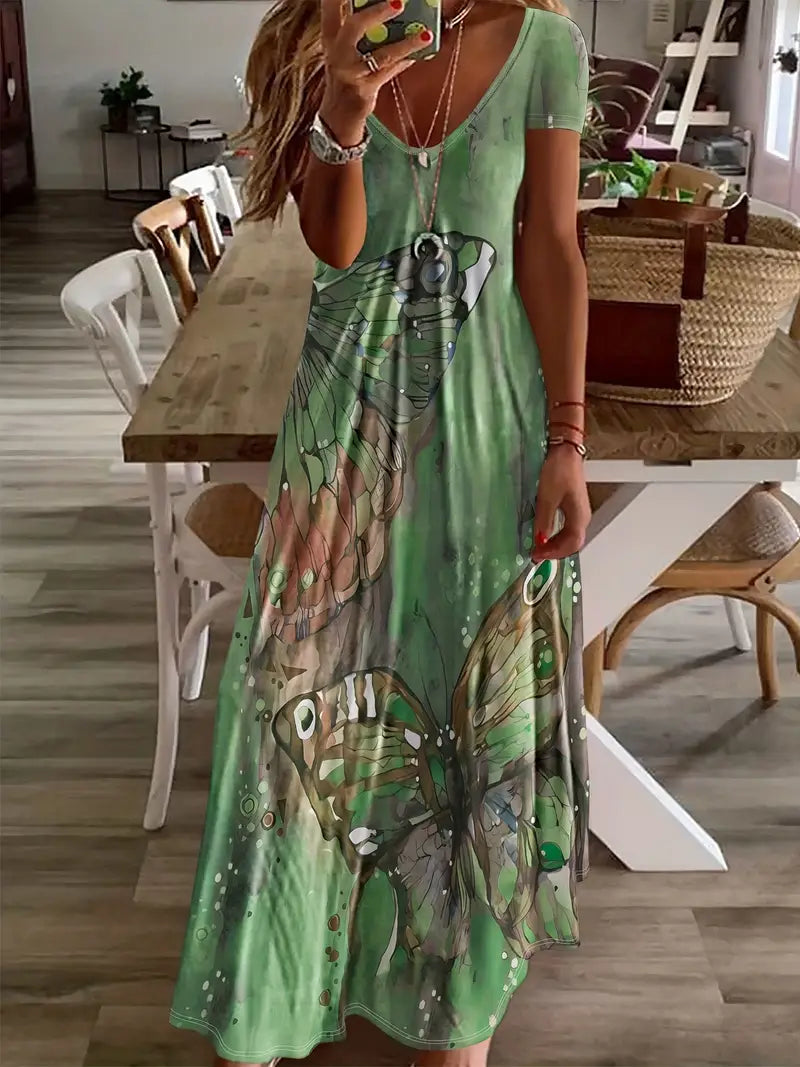 Vestido Casual con Escote en V y Estampado de Mariposas