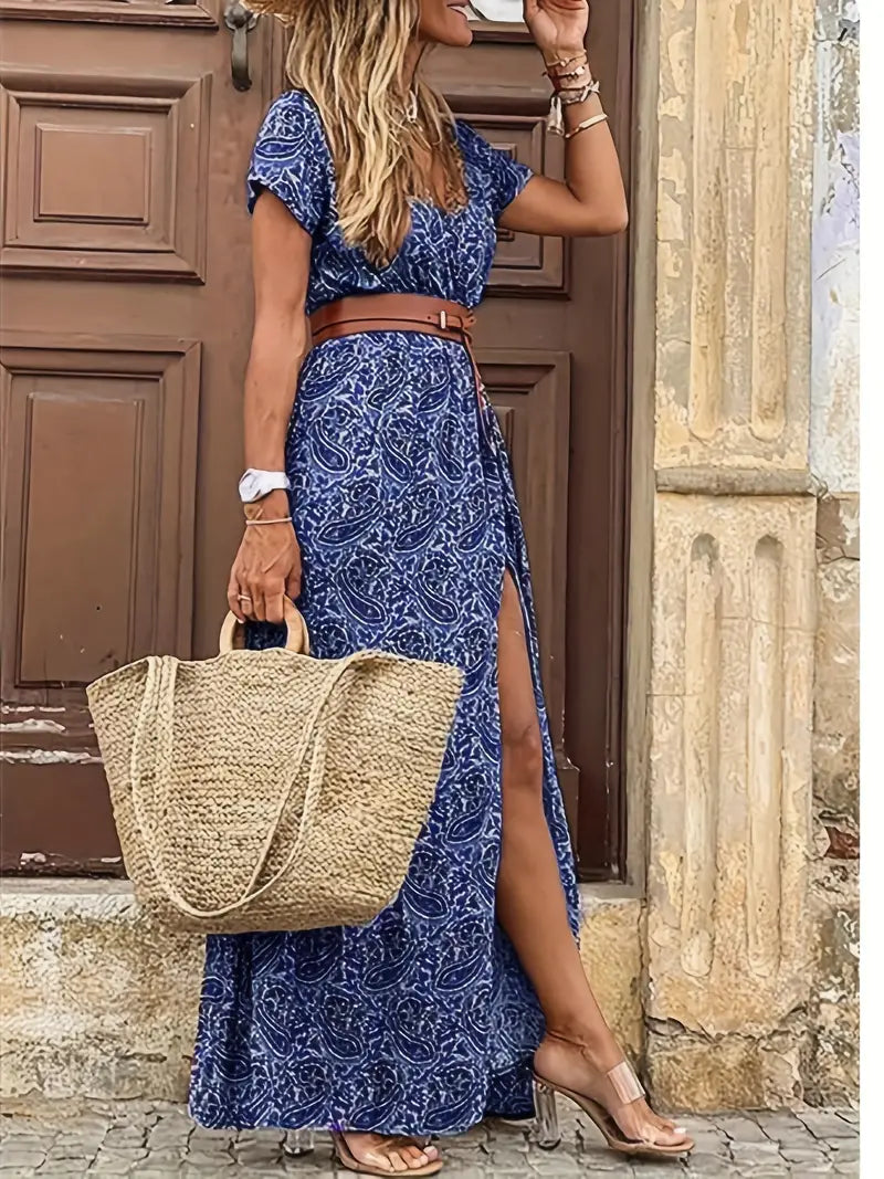 Vestido Maxi Floral Elegante con Cuello en V - Estilo Chic de Verano con Cinturón