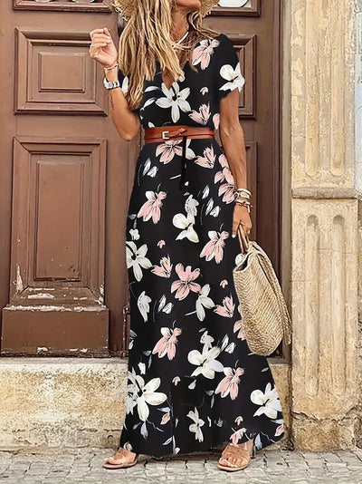 Vestido Maxi Floral Elegante con Cuello en V - Estilo Chic de Verano con Cinturón