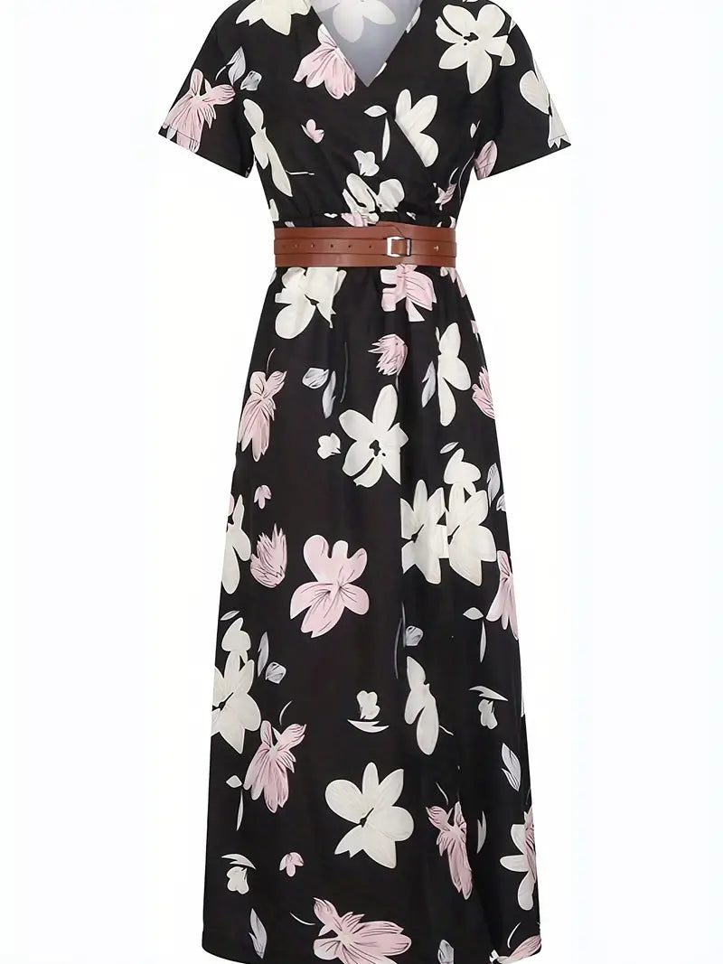 Vestido Maxi Floral Elegante con Cuello en V - Estilo Chic de Verano con Cinturón