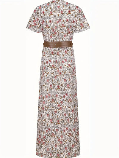 Vestido Maxi Floral Elegante con Cuello en V - Estilo Chic de Verano con Cinturón