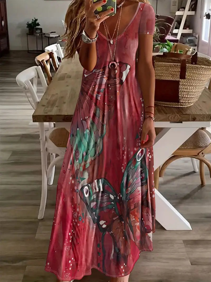 Vestido Casual con Escote en V y Estampado de Mariposas