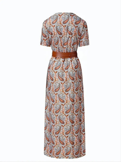 Vestido Maxi Floral Elegante con Cuello en V - Estilo Chic de Verano con Cinturón