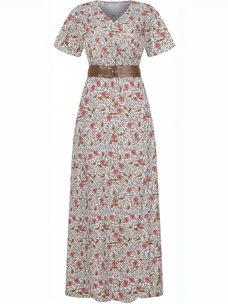 Vestido Maxi Floral Elegante con Cuello en V - Estilo Chic de Verano con Cinturón